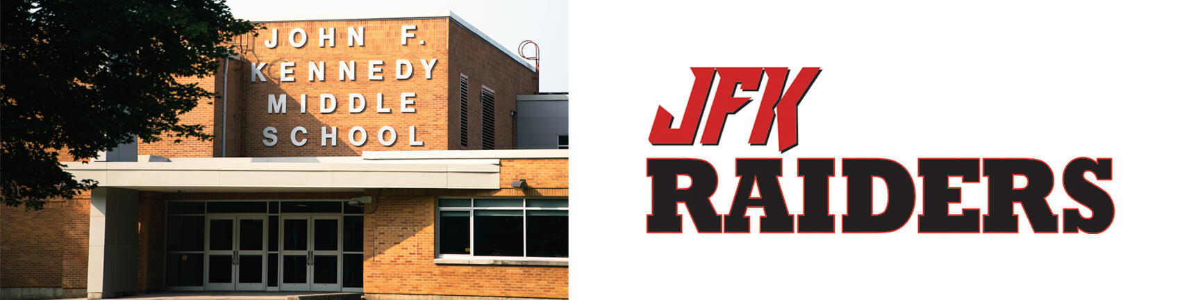 Slika zgrade JFK škole i logotipa JFK Raiders